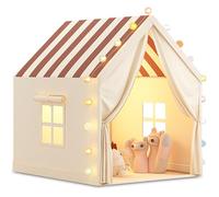 FREEAMG Children's Play Tent with Multi-Coloured Ball Lights & Storage Bag | 120x105x128cm Kids Playhouse for 3-7 Year Old Boys Girls, Indoor Toddler Tent, House Toy (Striped Khaki)