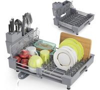 FREEAMG Extendable Dish Drainer Rack with Removable Cutlery Holder & Glass Holder, Stainless Steel Kitchen Drying Rack with Swivel Drainage Spout, Sink Dish Drainer for Kitchen Counter(Grey)