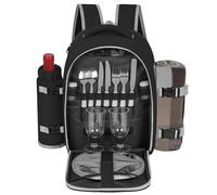 FREEAMG Picnic Backpack for 2 Person with 2 Insulated Leakproof Cooler Compartments, Large Picnic Bag with Cutlery Sets and Blanket, Picnic Basket Backpack for Camping, Hiking, BBQs (Black)