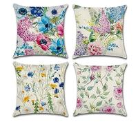 Freeas 4 Packs Throw Pillow Cases - Cotton Linen Sofa & Bed Home Decor Design 45 X 45 CM Cushion Covers, Four Flowers
