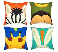Freeas Children Pillow Covers 18x18 Inches Set of 4 Cotton Linen Lovely Animal Pattern Couch Pillow Covers for Child's Bedroom Home Decor