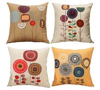 Freeas Cushion Cover, Set of 4 Cartoon Flowers Pattern Cotton and Linen Pillowcase Square House Sofa Cover 45 x 45 cm
