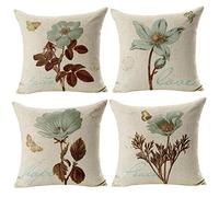 Freeas Cushion Cover, Set of 4 Retro Flowers Pattern Pillowcase Square House Pillow Sofa Cover 45 x 45 cm