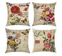 Freeas Cushion Covers Set of 4 Multi Flowers Pattern Square Throw Pillow Case for Sofa Bedroom Car 18 x 18 Inch/ 45x 45cm