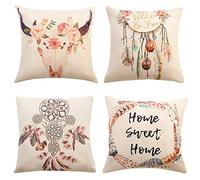 Freeas Dream Catcher Decorative Throw Pillow Covers 18 x 18 Inch Bohemian Style, Set of 4 Cotton Linen Spring Floral Square Pillowcases for Car, Bed, Cushion, Boho Theme Birthday Party Home Decoration