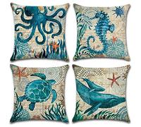 Freeas Ocean Park Cotton Linen Theme Decorative Throw Pillow Cover Case 18" x 18" Sea Decor Pillowcase with Ocean-Beach-Sea-Conch-Whale-Seahorse Pattern, Beige