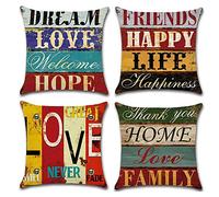 Freeas Pack of 4 Decorative Pillow Covers Love Life Pillowcases Solid Square Cushion Cover Cotton Linen Throw Pillow Covers Home Decor for Sofa Car Bedroom 18x18 Inch