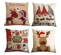 Freeas Set of 4 Christmas Pillow Cover Cotton Linen Decorative Print Christmas Tree,Christmas Deer,Santa Claus, Lovely Boy Sofa Cushion Cover for Home Christmas Favor, 18 by 18 Inches