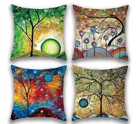 Freeas Set of 4 Colorful Tree Pattern Pillow Cover Cotton Linen Decorative Pillowcases Sofa Cushion Cover for Home Favor,18 by 18 Inches