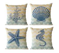 Freeas Set of 4 Seaside Themed Pillow Cases, Throw Cushion Cover Cotton Linen Pillowcase Home Decoration,45x45cm