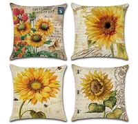 Freeas Set of 4 Sunflowers Pillow Cases, Throw Cushion Cover Cotton Linen Pillowcase Home Decoration,45x45cm