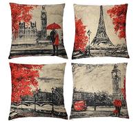Freeas Throw Pillow Covers 18 x 18 Inches Black & Red Color Eiffel Tower & Big Ben Pillow Case Decorative Cushion Cover for Soft, Home, Bedroom, Indoor or Out Door Pillowcase(Set of 4)