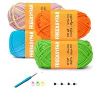 FREEASYFAR Crochet Yarn for Beginners Soft Cotton Blend Yarn for Crochet and Knitting Worsted Medium #4 Yarn Set with Tool Kit (Macaron + Orange + Blue + Green, 4 Skeins)