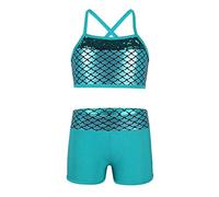 Freebily 2 Pcs Junior Girls Sleeveless Sports Bra Crop Top with Shorts Set for Gymnastics Leotard Dancing or Swimming (Sequins Mermaid Lake Blue, 7-8 Years)