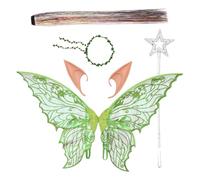 Freebily Adults Kids Glittery Fairy Butterfly Wings with Elf Ears Hair Tinsel Stick Garland for Masquerade Halloween Party Green One Size