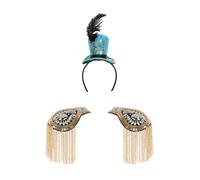 Freebily Adults Soldier Feather Mini Top Hat Headband with Tassel Chain Epaulet for Ringmaster Circus Carnival Party Gold Sky Blue One Size