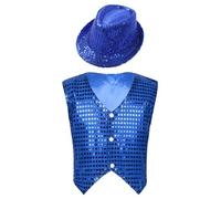 Freebily Boys Girls Sequins Waistcoat Vest with Hat Hip Hop Jazz Street Modern Dance Performance Costume Blue 7-8 Years