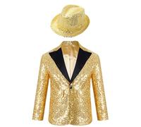 Freebily Children Boys Tuxedo Suit Shiny Sequins Blazer Jacket Formal Wedding Party Gentleman Coat Outwear and Hat Gold 13-14 Years