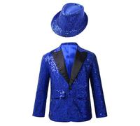 Freebily Children Boys Tuxedo Suit Shiny Sequins Blazer Jacket Formal Wedding Party Gentleman Coat Outwear and Hat Blue 5-6 Years
