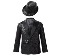 Freebily Children Boys Tuxedo Suit Shiny Sequins Blazer Jacket Formal Wedding Party Gentleman Coat Outwear and Hat Black 13-14 Years