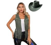 Freebily Cowgirl Outfit for Women Fringed Waistcoats with Cowboy Hat Country and Western Fancy Dress Army Green XXL