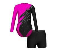 Freebily Dance Gymnastic Leotard with Shorts for Girls Long Sleeve Rhinestones Jumpsuit with Shorts Hot Pink&Black 5-6 Years