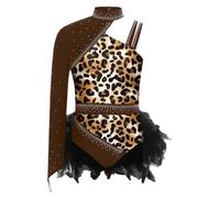 Freebily Dancewear for Kids Single Shoulder Long Sleeves Rhinestone Plume Latin Dance Dress Mock Neck Bodysuit Brown 5-6 Years