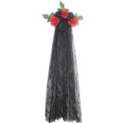 Freebily Day of The Dead Floral Headband Hair Hoop with Lace Veil Halloween Mexican Flower Headpiece for Women Red Black One Size