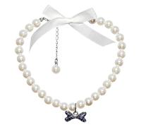 Freebily Dog Faux Pearl Collars Pet Pearls Diamonds Bow Necklace Puppy Cat Jewelry Pearl Accessories Neck Strap White&Blue L