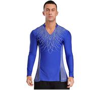 Freebily Glitter Men's Latin Dance Top, Rhinestone Lapel V-Neck Long Sleeve for Ballroom Chacha Tango Royal Blue L