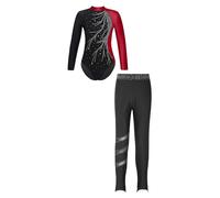 Freebily Gymnastics Leotards for Girls Kids Long Sleeve Dance Bodysuit and Leggings Pants Figure Ice Skating Burgundy&Black 15-16 Years