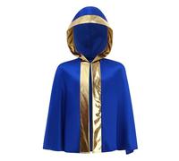 Freebily Kids Boys Boxing Costume Open Front Metallic Trim Hooded Boxing Cape Cloak for Halloween Cosplay Blue Gold 13-14 Years