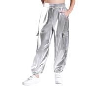 Freebily Kids Boys Girls Shiny Metallic Elastic Waist Pants Loose Hippie Trousers for Jazz Hip Hop Dance Costume Silver 13-14 Years