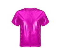 Freebily Kids Boys Girls Shiny Metallic T-Shirts Round Neck Short Sleeve Dance Tops Jazz Hip Hop Modern Dancewear Hot Pink 13-14 Years