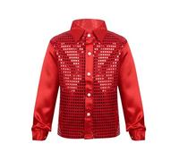 Freebily Kids Boys Long Sleeve Sequin Shirt Disco Hip-hop Jazz Dance Tops Stage Performance Costumes Red 5-6 Years