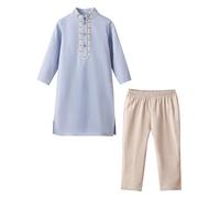 Freebily Kids Boys Long Sleeves Thobe Toddler Muslim Islamic Robe with Solid Pants Two-pieces Set for Eid Hajj Light Blue 18-24 Months