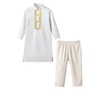 Freebily Kids Boys Long Sleeves Thobe Toddler Muslim Islamic Robe with Solid Pants Two-pieces Set for Eid Hajj White 12-18 Months