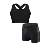 Freebily Kids Girls 2Pcs Gymnastics Outfits Sleeveless Dance Crop Top and Shorts Set Gym Workout Running Tank Top Black 9-10 Years