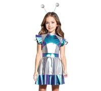Freebily Kids Girls Alien Cosplay Costume Outer Space Cutie Dress with Alien Hair Hoop Set Halloween Outfits Blue 11-12 Years