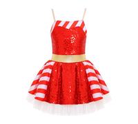 Freebily Kids Girls Christmas Santa Claus Costume Princess Sleeveless Shiny Striped Ballet Tutu Dress Xmas Party Outfits Sequins-red 7-8 Years