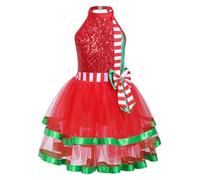Freebily Kids Girls Christmas Santa Claus Costume Princess Sleeveless Shiny Striped Ballet Tutu Dress Xmas Party Outfits Sparkle 13-14 Years