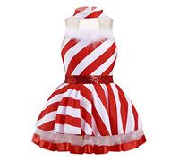 Freebily Kids Girls Christmas Santa Claus Costume Princess Sleeveless Shiny Striped Ballet Tutu Dress Xmas Party Outfits Tutu Dress 5-6 Years