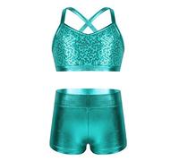 Freebily Kids Girls Sequins Sports Bra Crop Top with Booty Shorts Set Gymnastics Leotard Dancing Swimming Costumes Glitter Lake_Blue 7-8 Years