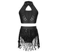 Freebily Kids Girls Shiny Sequins Latin Dance Dress Crop Tank Top with Skirt Ballroom Jazz Dancing Costume Black 9-10 Years
