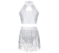 Freebily Kids Girls Shiny Sequins Latin Dance Dress Crop Tank Top with Skirt Ballroom Jazz Dancing Costume White 15-16 Years