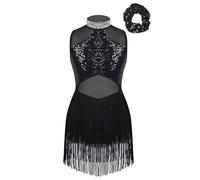 Freebily Latin Dance Dress for Girls Sleeveless Sequins Tassel Hem Ballroom Dance Leotard Dresses with Hair Tie Black 15-16 Years