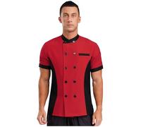 Freebily Men Women Short Sleeve Chef Coat Jacket Unisex Color Block Tshirts Uniform Top Cook Kitchen Workwear Burgundy L