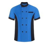 Freebily Men Women Short Sleeve Chef Coat Jacket Unisex Color Block Tshirts Uniform Top Cook Kitchen Workwear Blue L