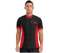 Freebily Men Women Short Sleeve Chef Coat Jacket Unisex Color Block Tshirts Uniform Top Cook Kitchen Workwear Black&Red S