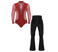 Freebily Mens 2-Piece Set Latin Dance Outfits Long Sleeve Bodysuit Dance Leotard with Flared Pants Red&Black M